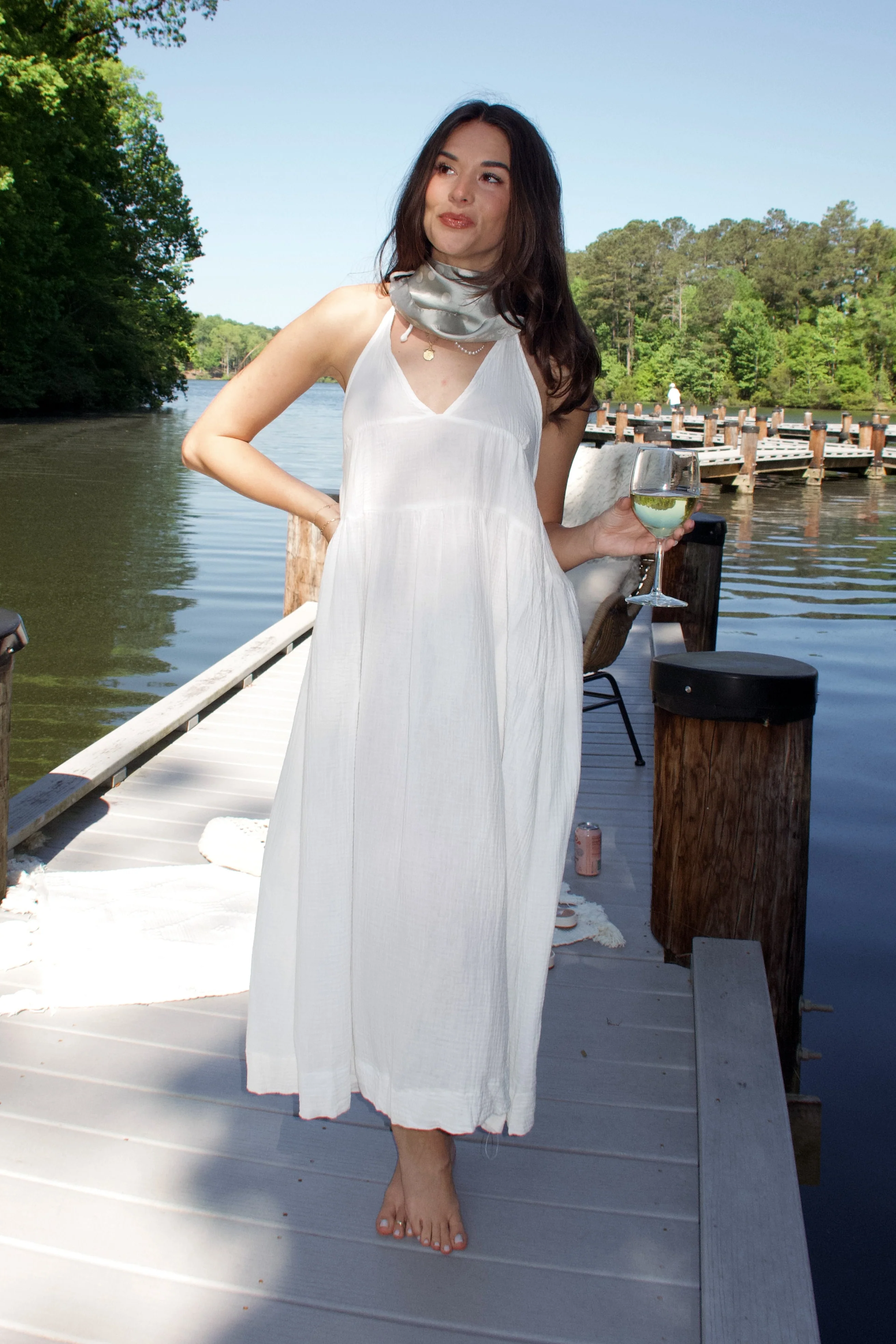 Cassie White Gauze Halter Maxi Dress