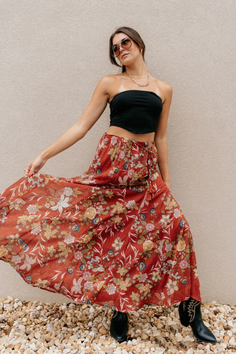 Catalina Rust Multi Floral Maxi Skirt