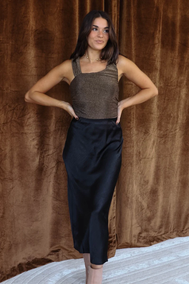 Cecelia Black Satin Midi Skirt