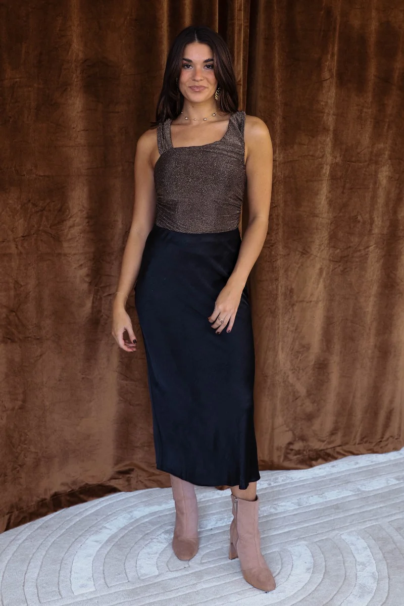 Cecelia Black Satin Midi Skirt - Image 2
