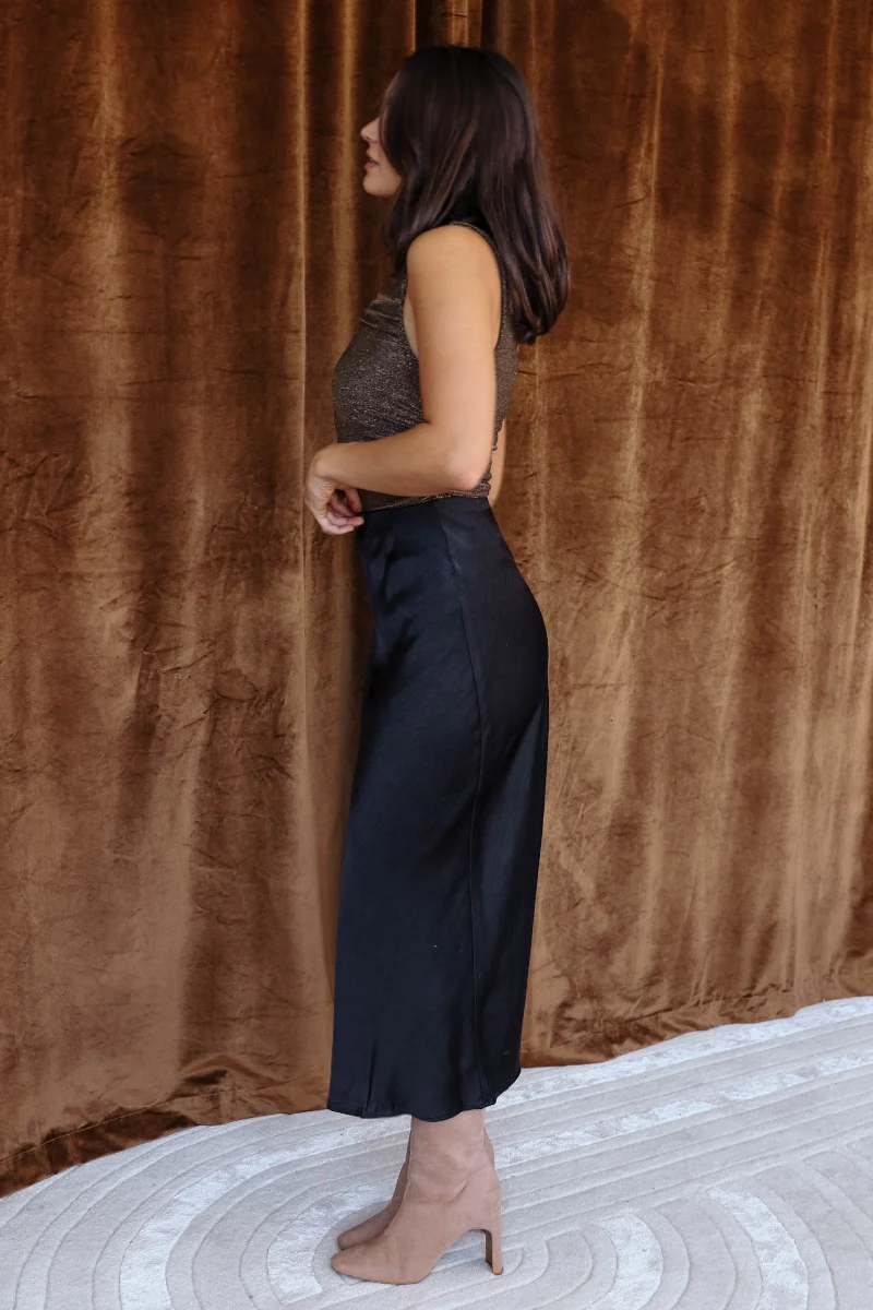 Cecelia Black Satin Midi Skirt - Image 3