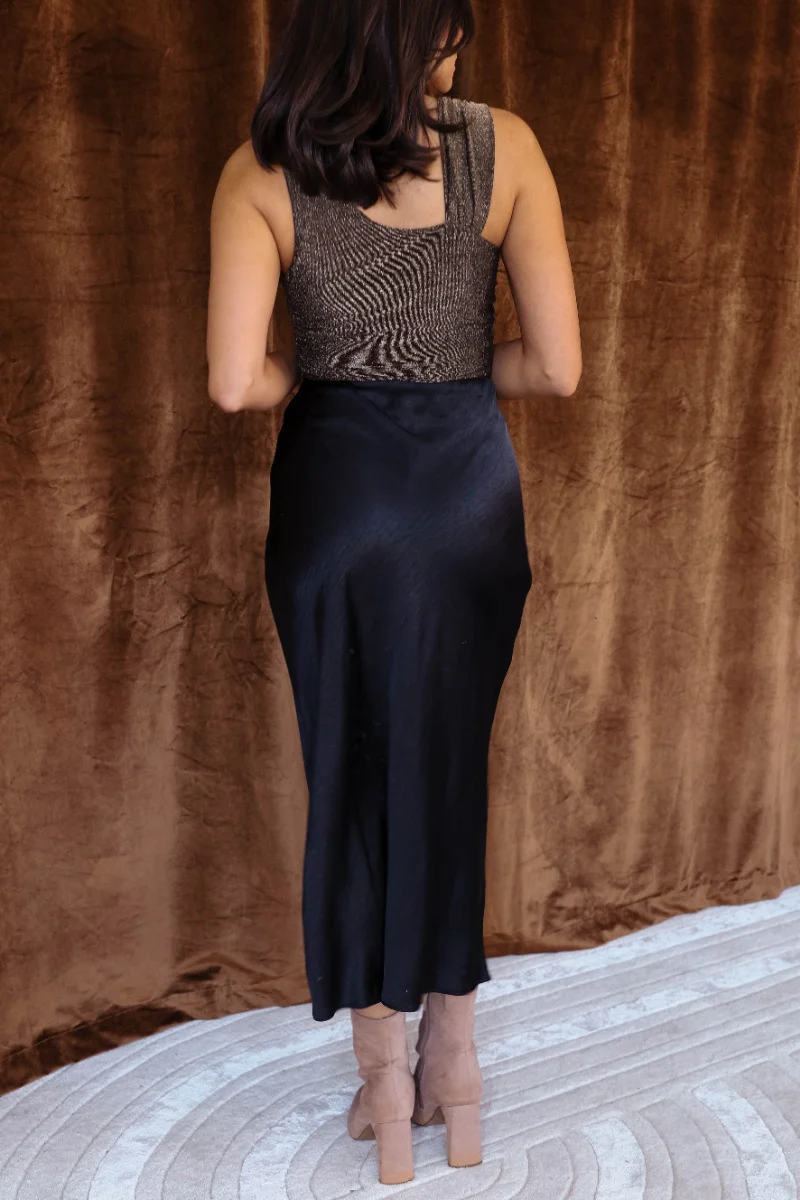 Cecelia Black Satin Midi Skirt - Image 4