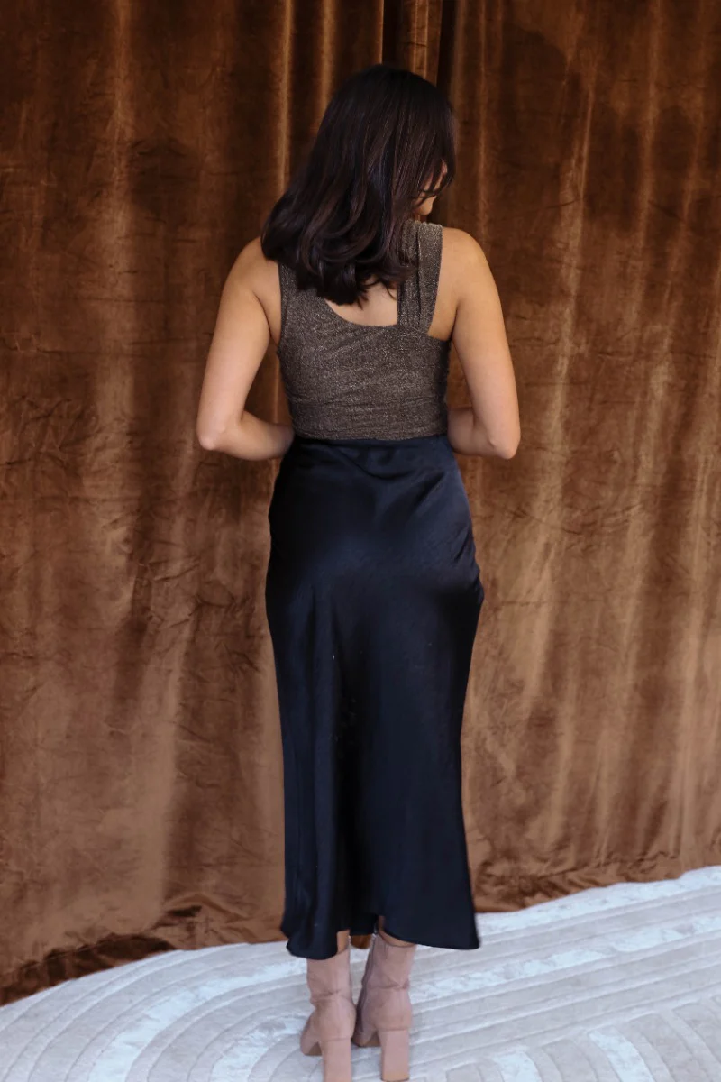 Cecelia Black Satin Midi Skirt - Image 5