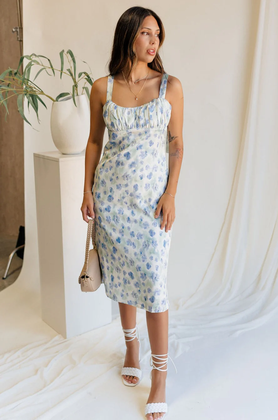 Cecilia Blue & White Floral Satin Midi Dress - Image 6