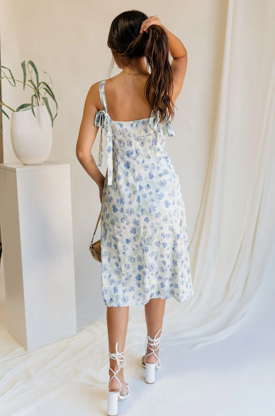Cecilia Blue & White Floral Satin Midi Dress - Image 9