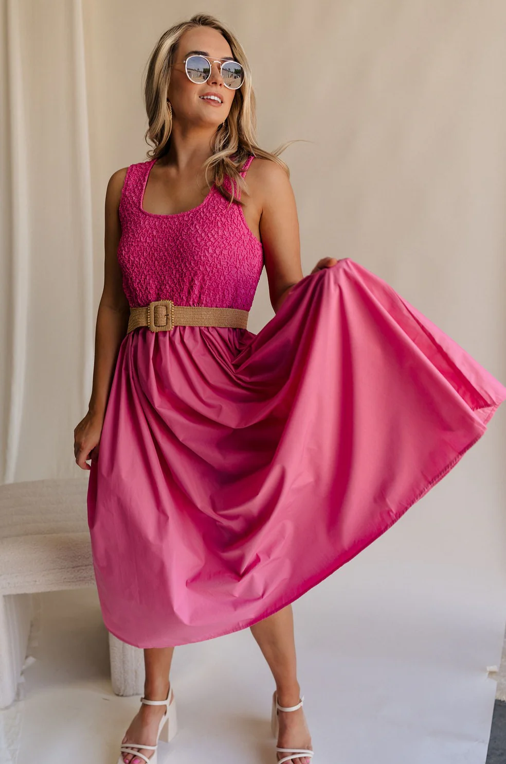 Cecilia Pink Smocked Midi Dress