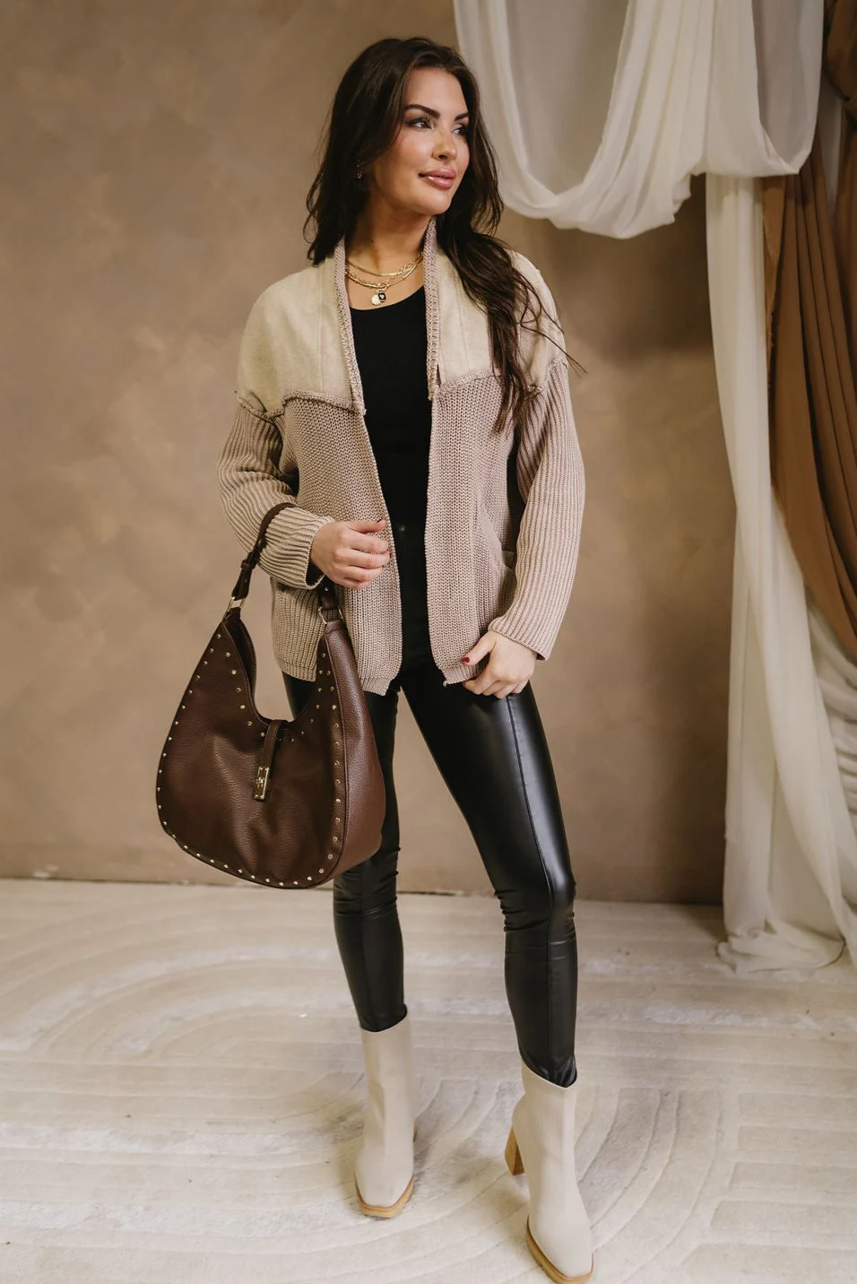 Cecilia Taupe Multi Braided Knit Cardigan - Image 3