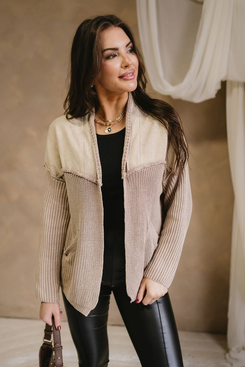 Cecilia Taupe Multi Braided Knit Cardigan - Image 5