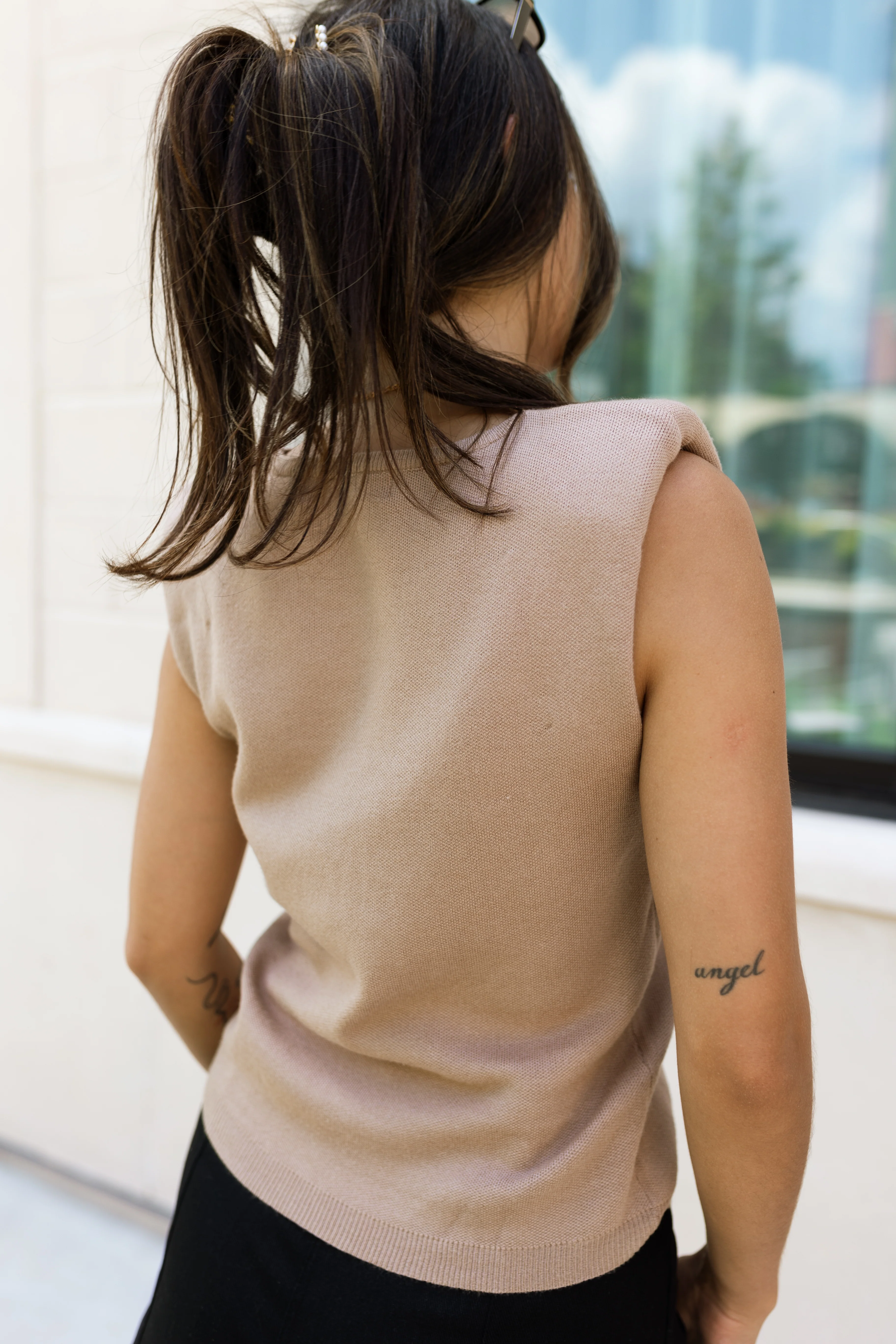 Cecilia Taupe Padded Shoulder Tank - Image 4