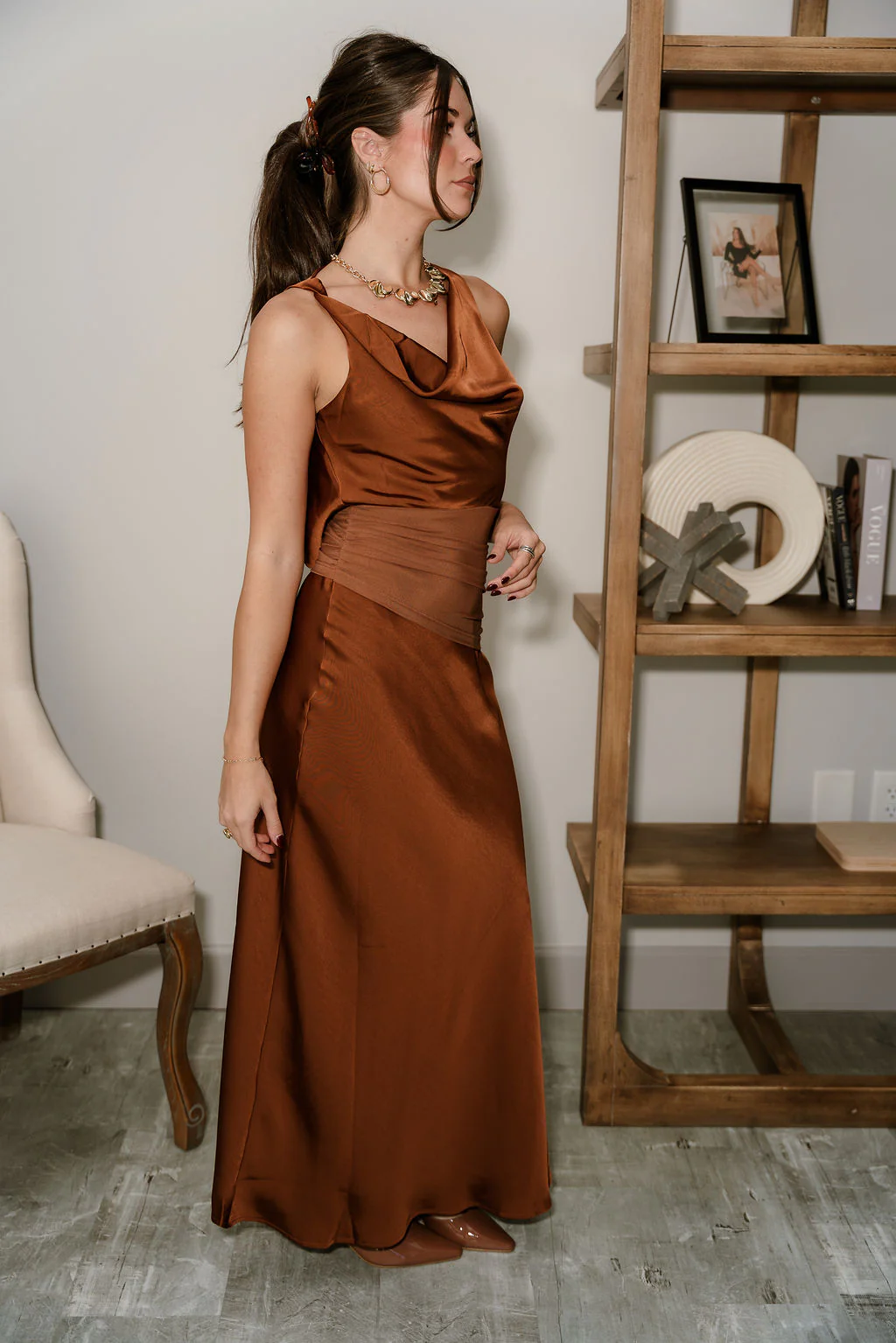 Celeste Brown Satin & Mesh Maxi Dress - Image 2