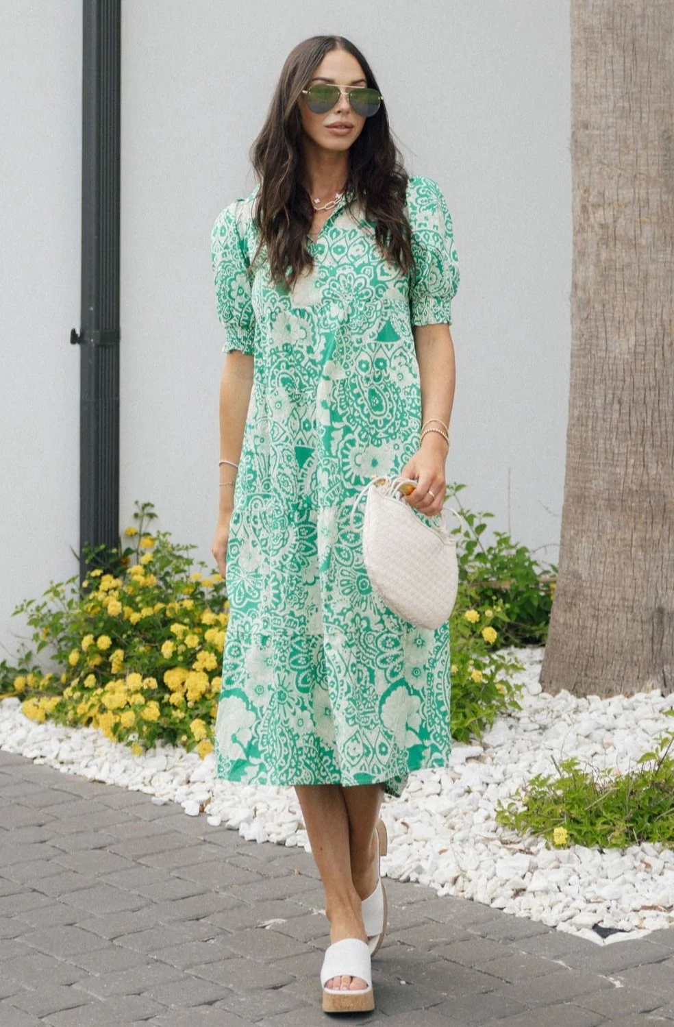 Celeste Green & Cream Floral Paisley Midi Dress