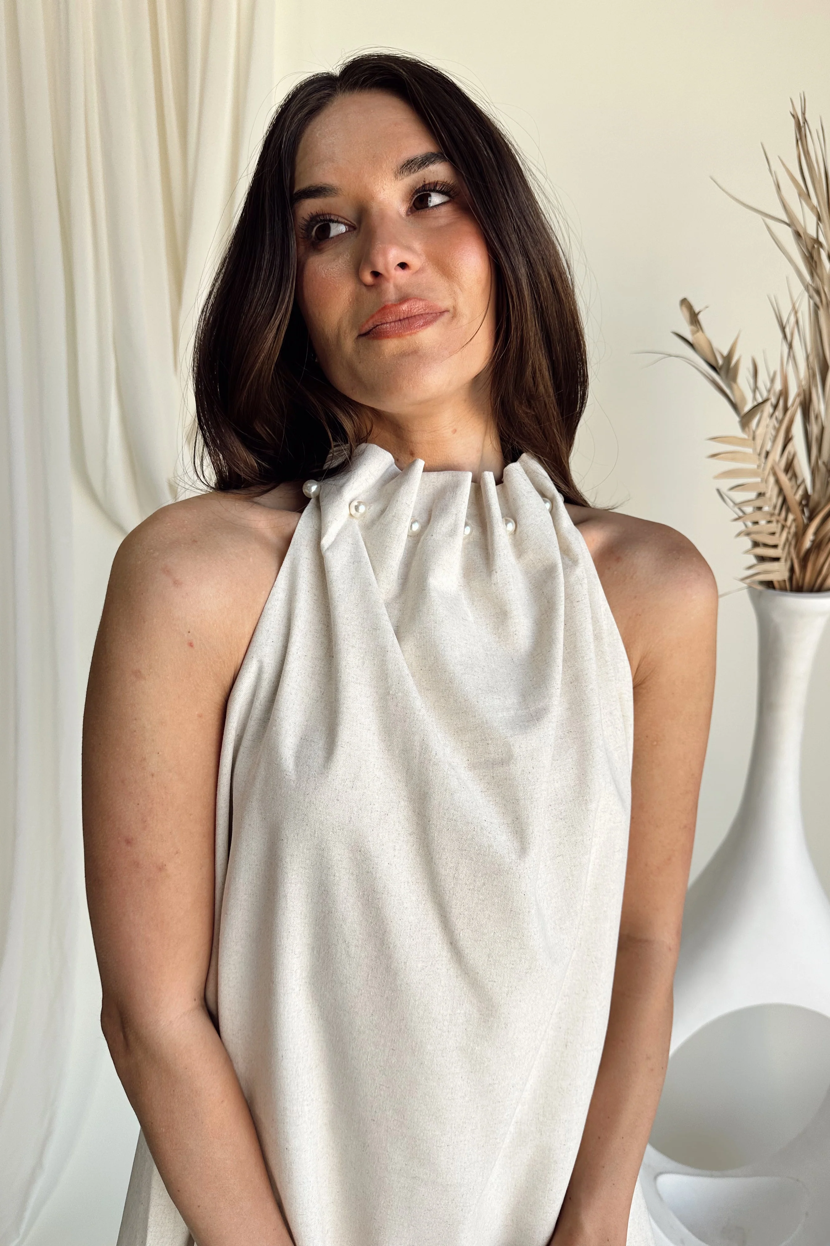 Celeste Natural Linen & Pearls Mini Dress - Image 2