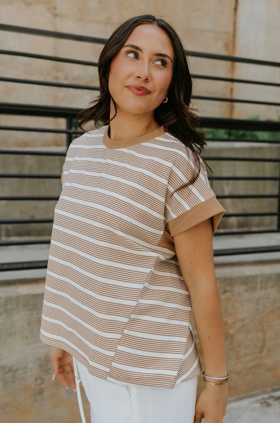 Celeste Taupe & White Stripe Short Sleeve Top - Image 2