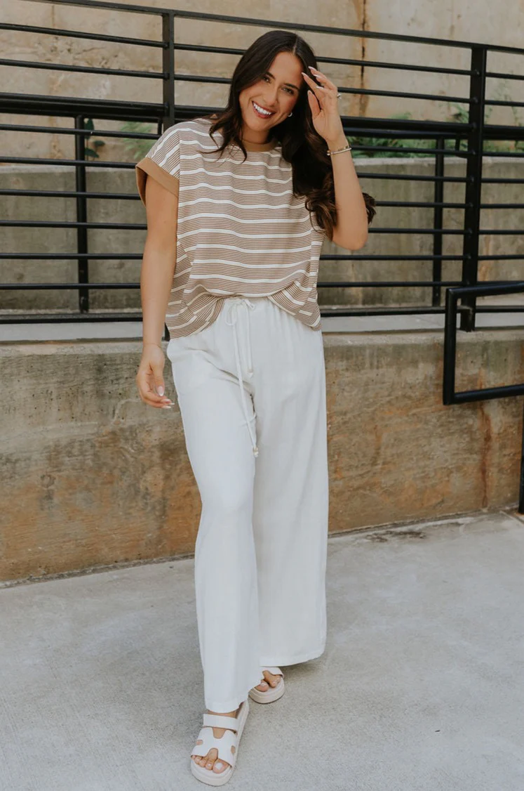 Celeste Taupe & White Stripe Short Sleeve Top - Image 3