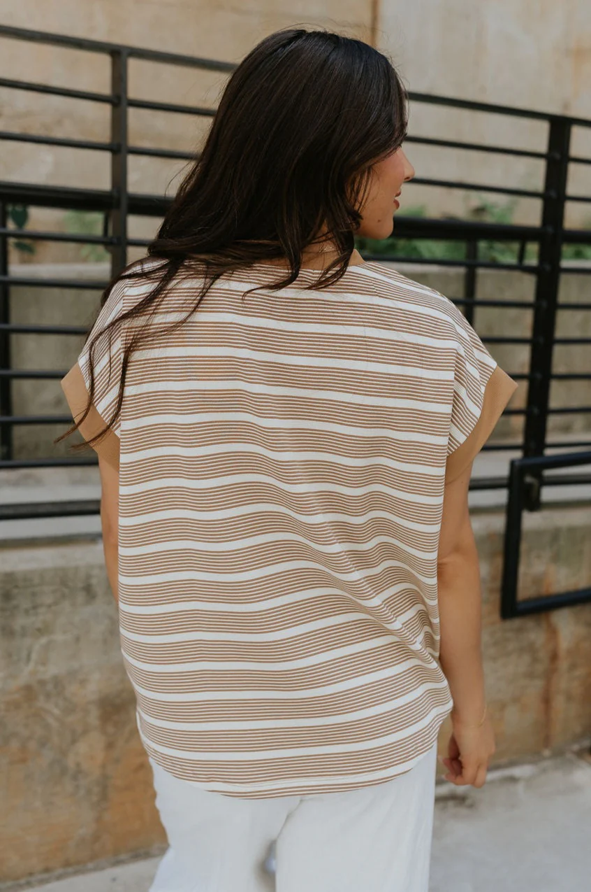 Celeste Taupe & White Stripe Short Sleeve Top - Image 4