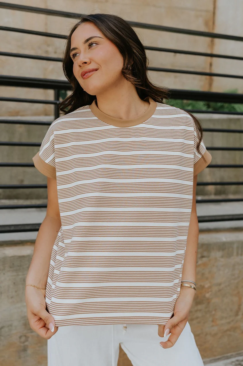 Celeste Taupe & White Stripe Short Sleeve Top - Image 5