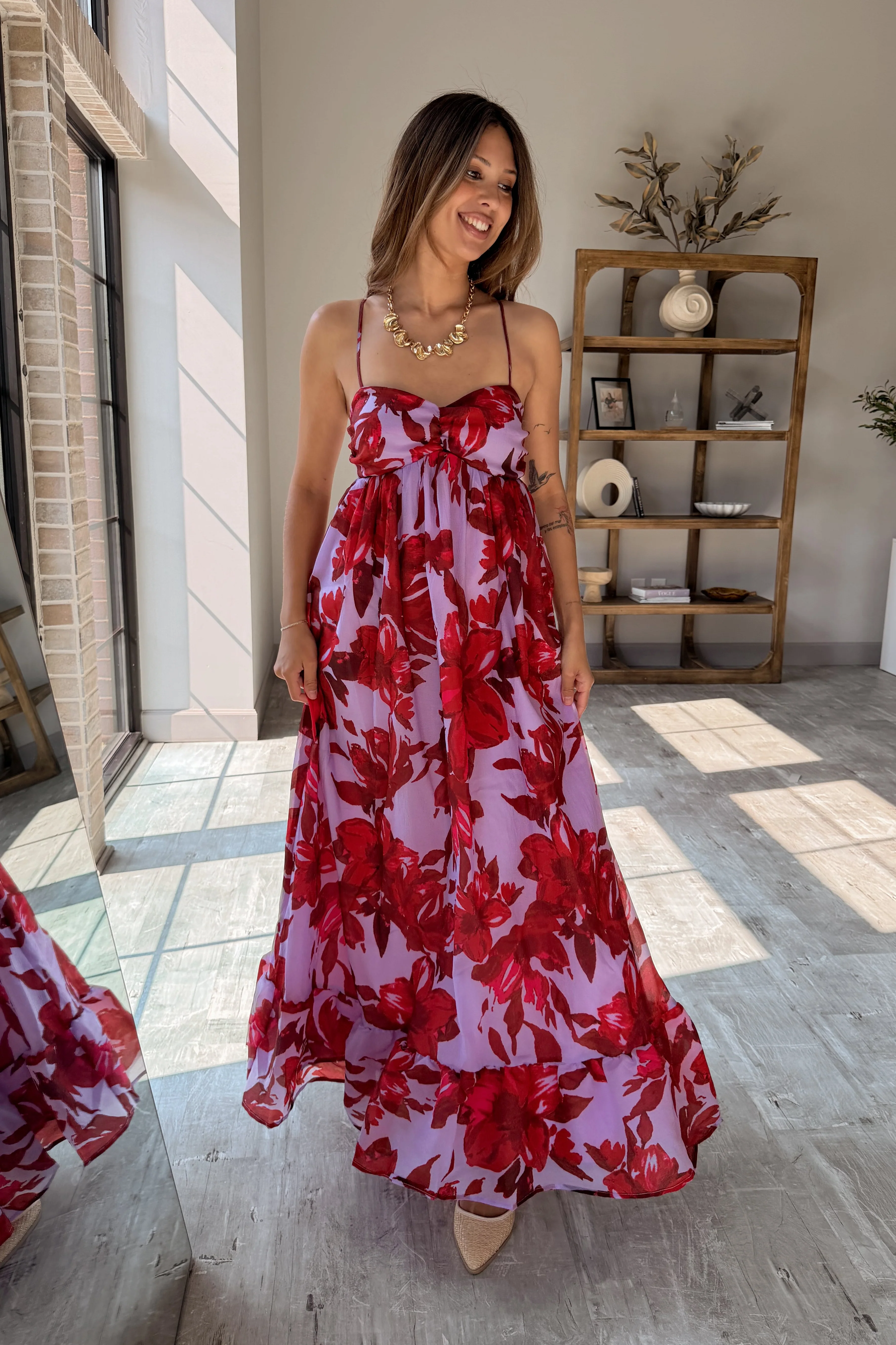 Celine Lavender & Red Floral Midi Dress - Image 3