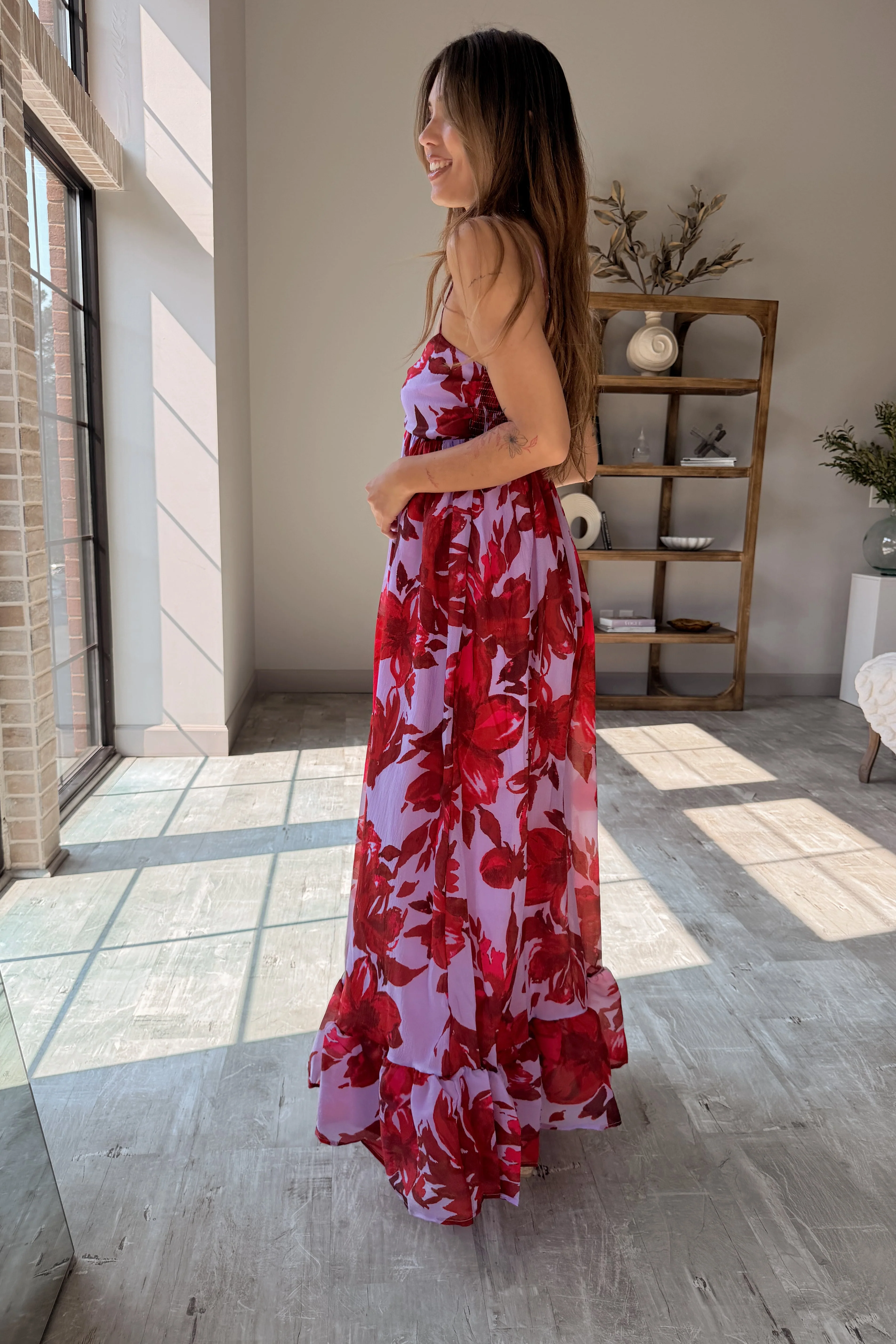 Celine Lavender & Red Floral Midi Dress - Image 5