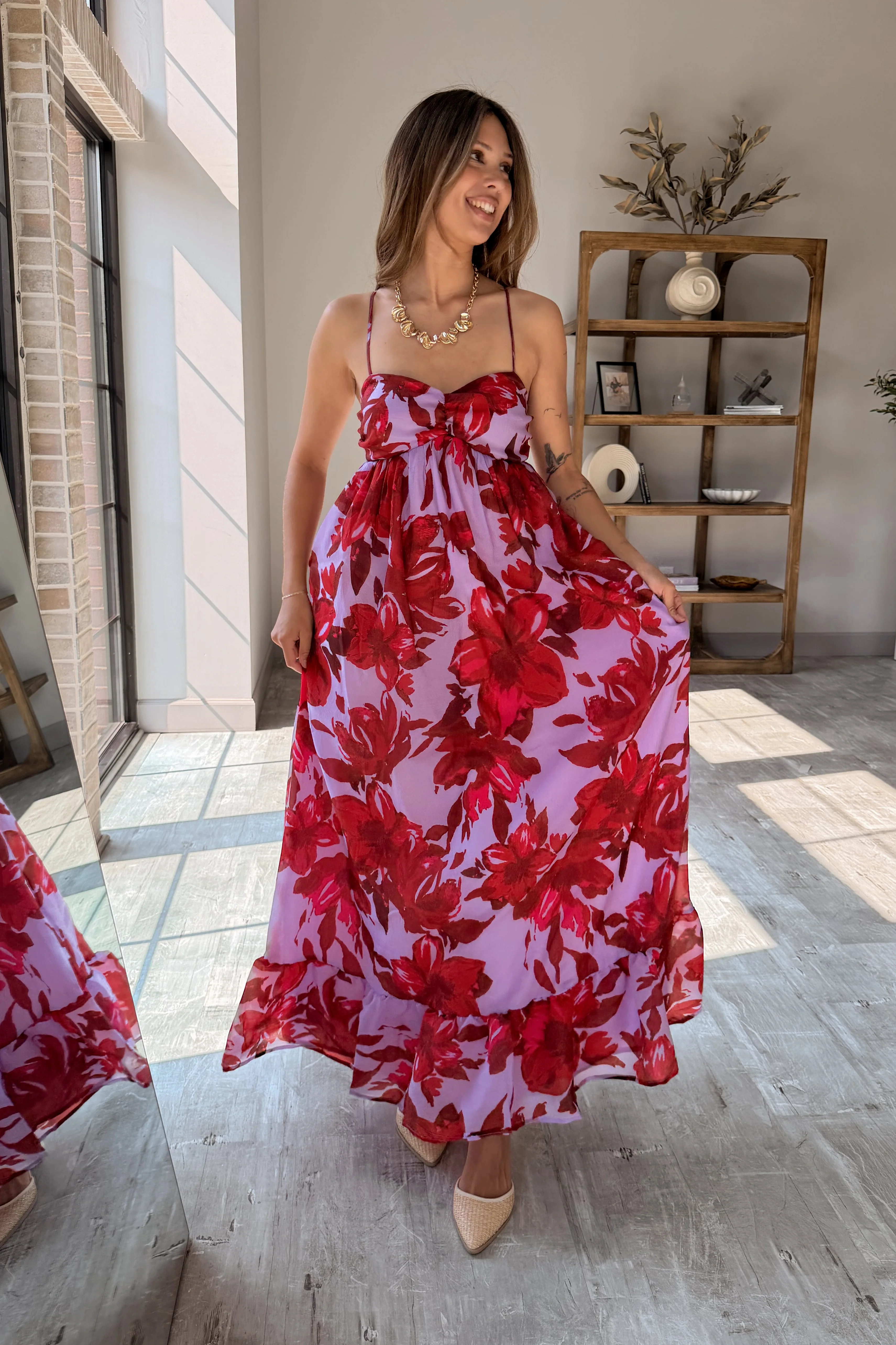 Celine Lavender & Red Floral Midi Dress - Image 6