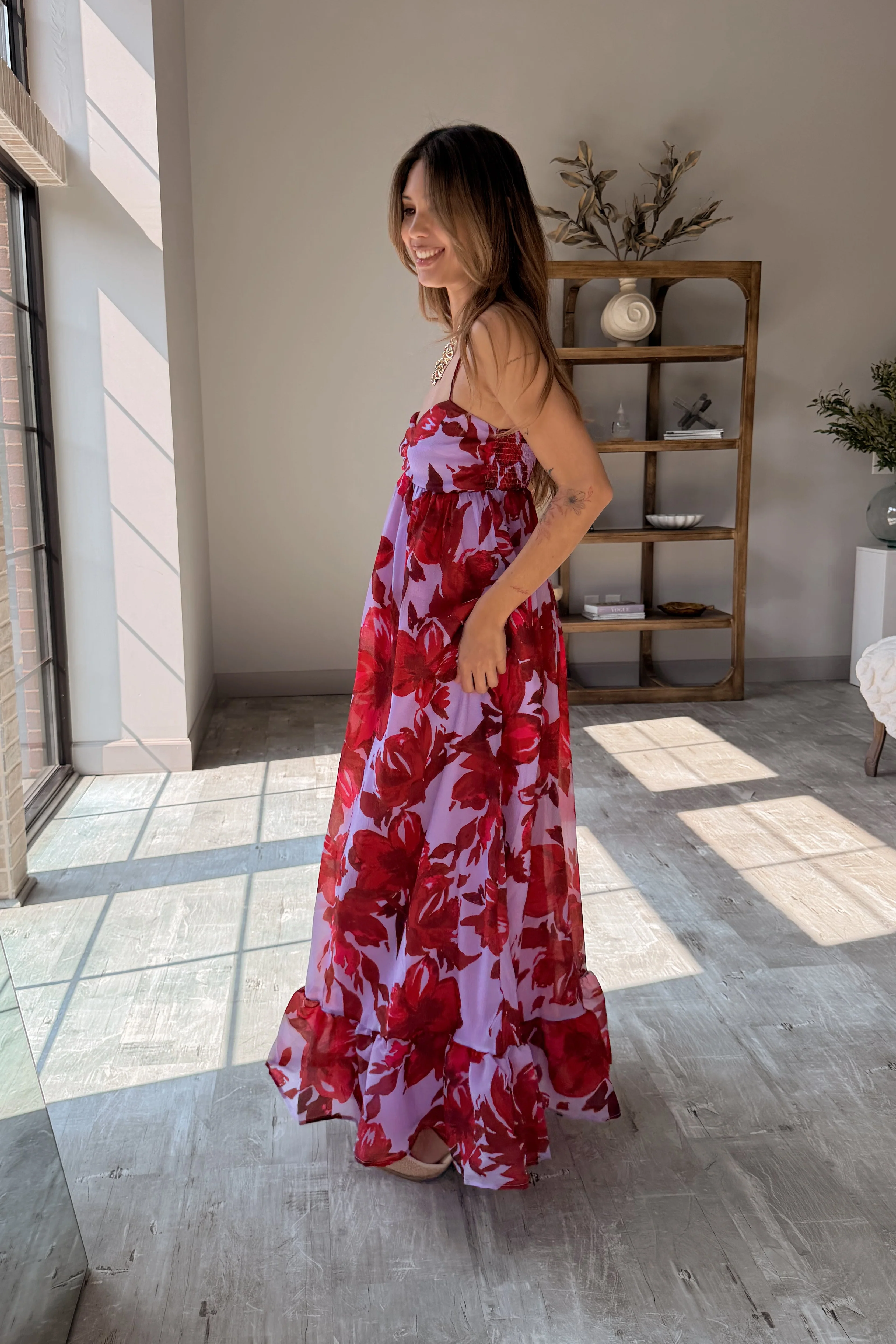 Celine Lavender & Red Floral Midi Dress - Image 7