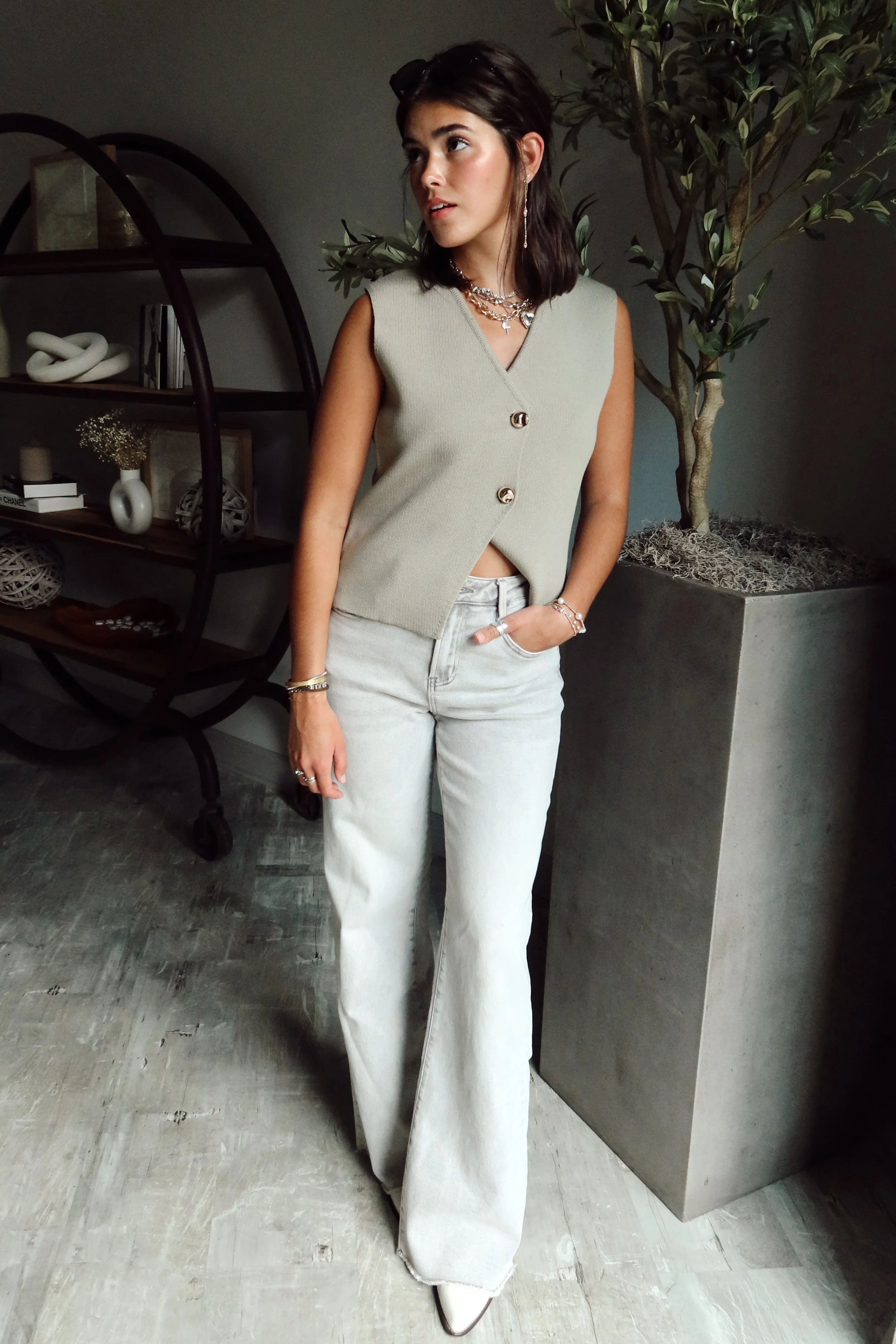 Celine Sage Gold Button-Up Tank