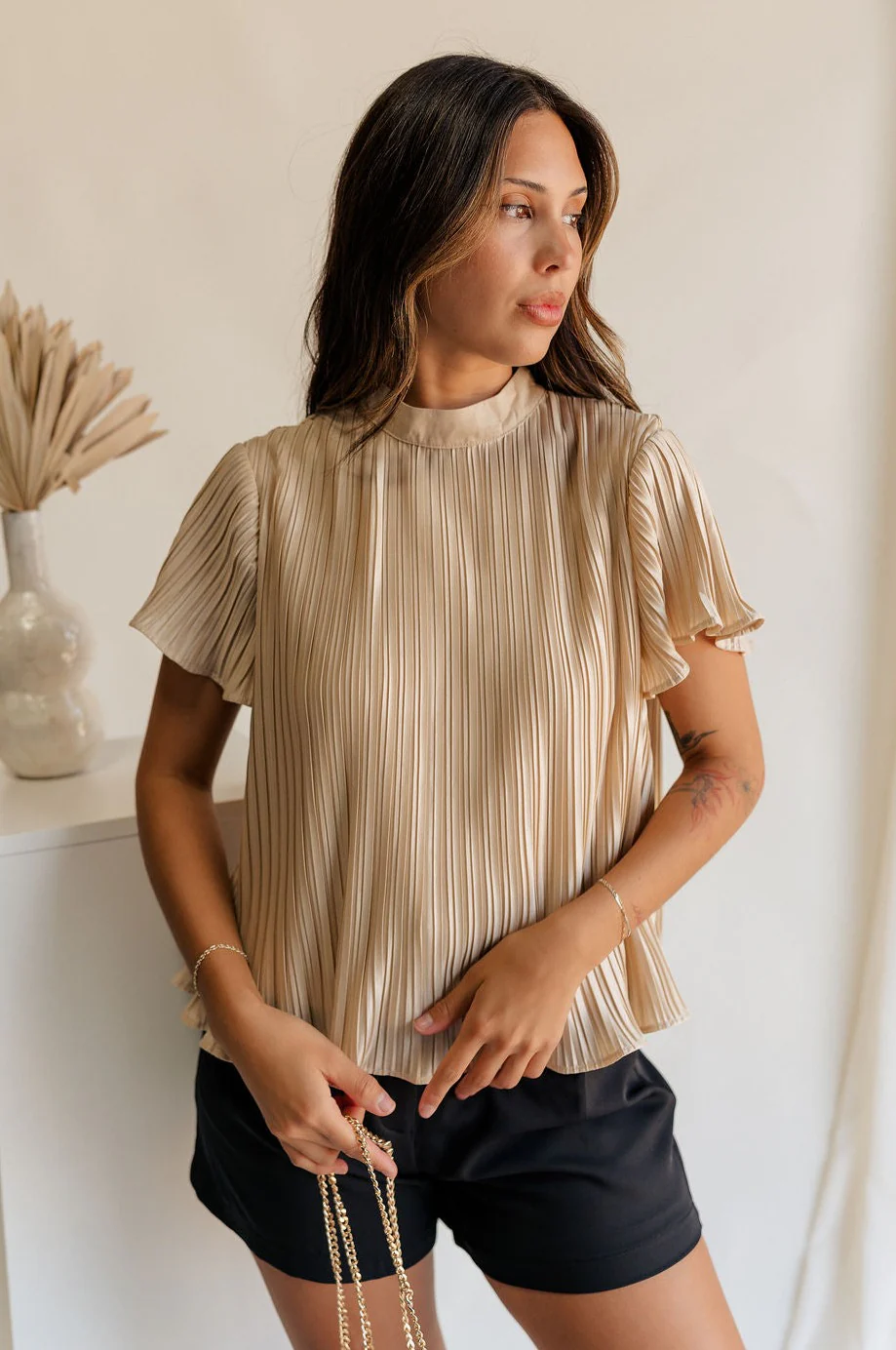 Celine Taupe Pleated Short Sleeve Top
