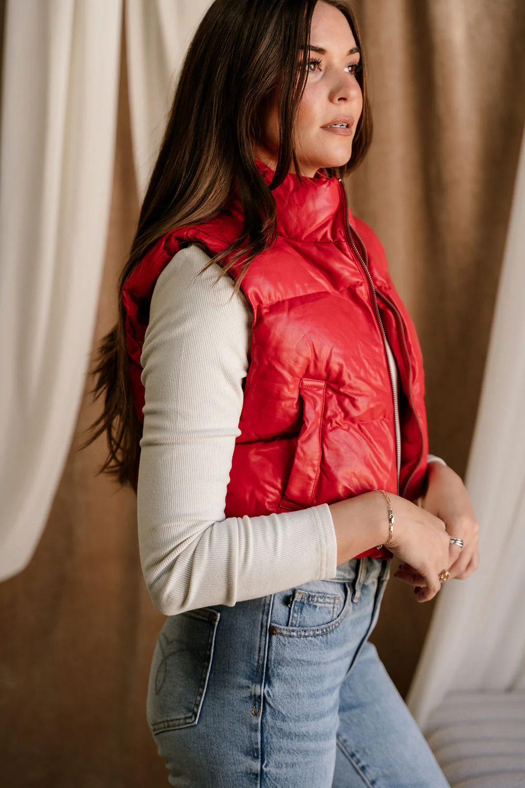 Chantel Red Faux-Leather Puffer Vest - Image 11