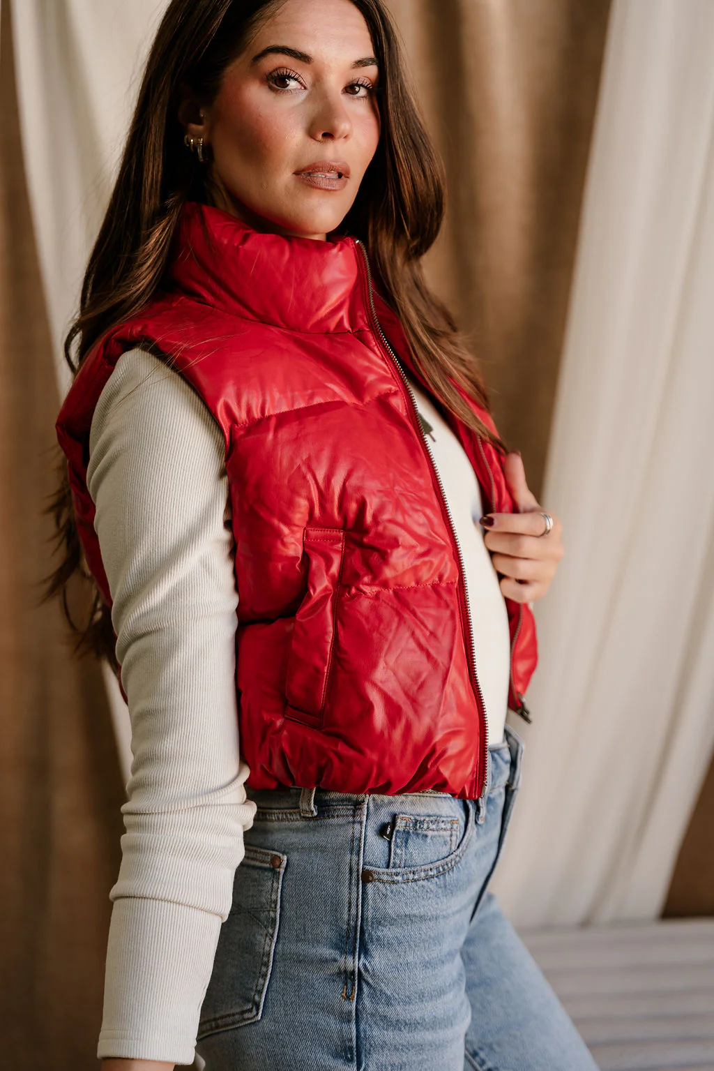 Chantel Red Faux-Leather Puffer Vest - Image 12