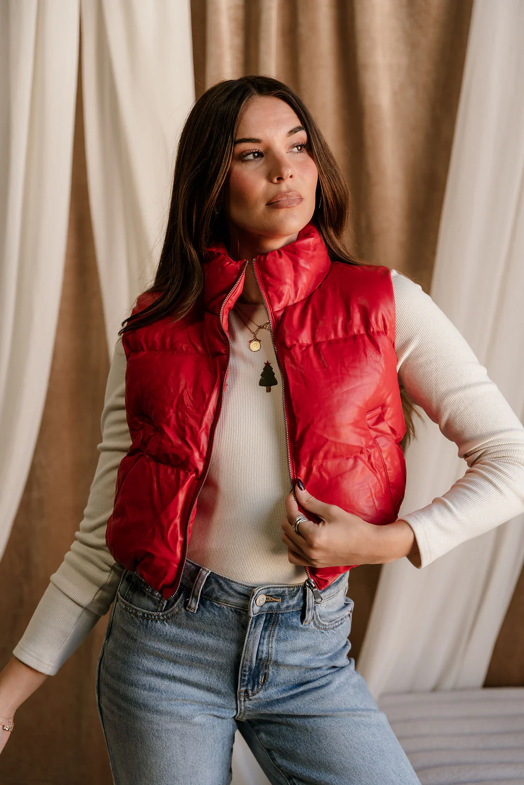 Chantel Red Faux-Leather Puffer Vest - Image 3