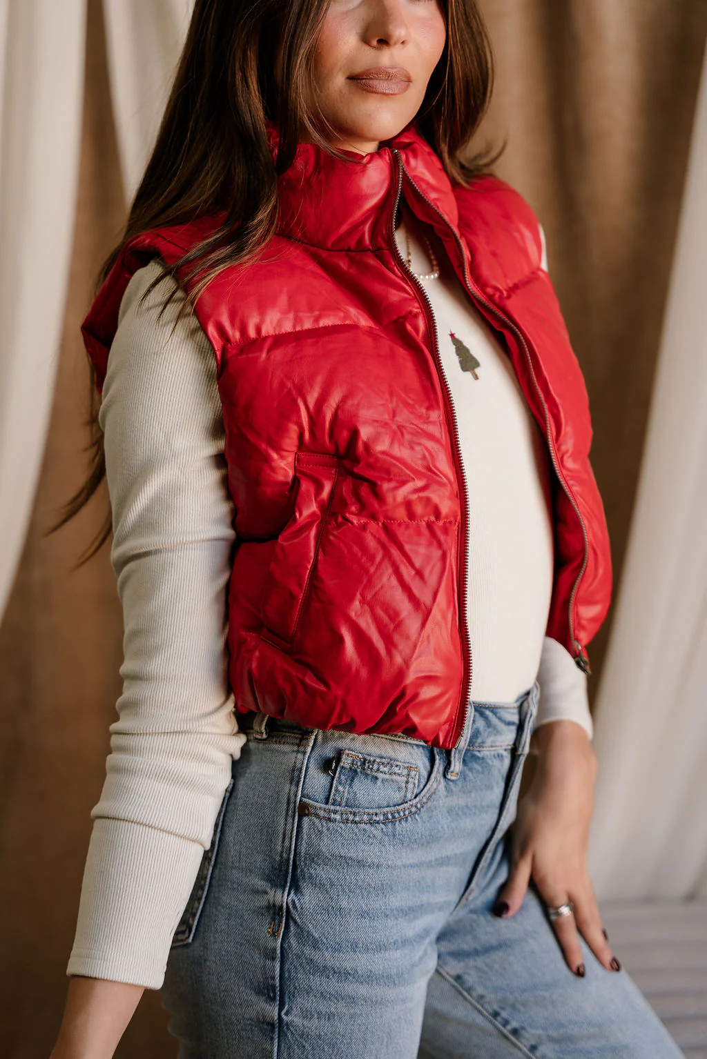 Chantel Red Faux-Leather Puffer Vest - Image 4