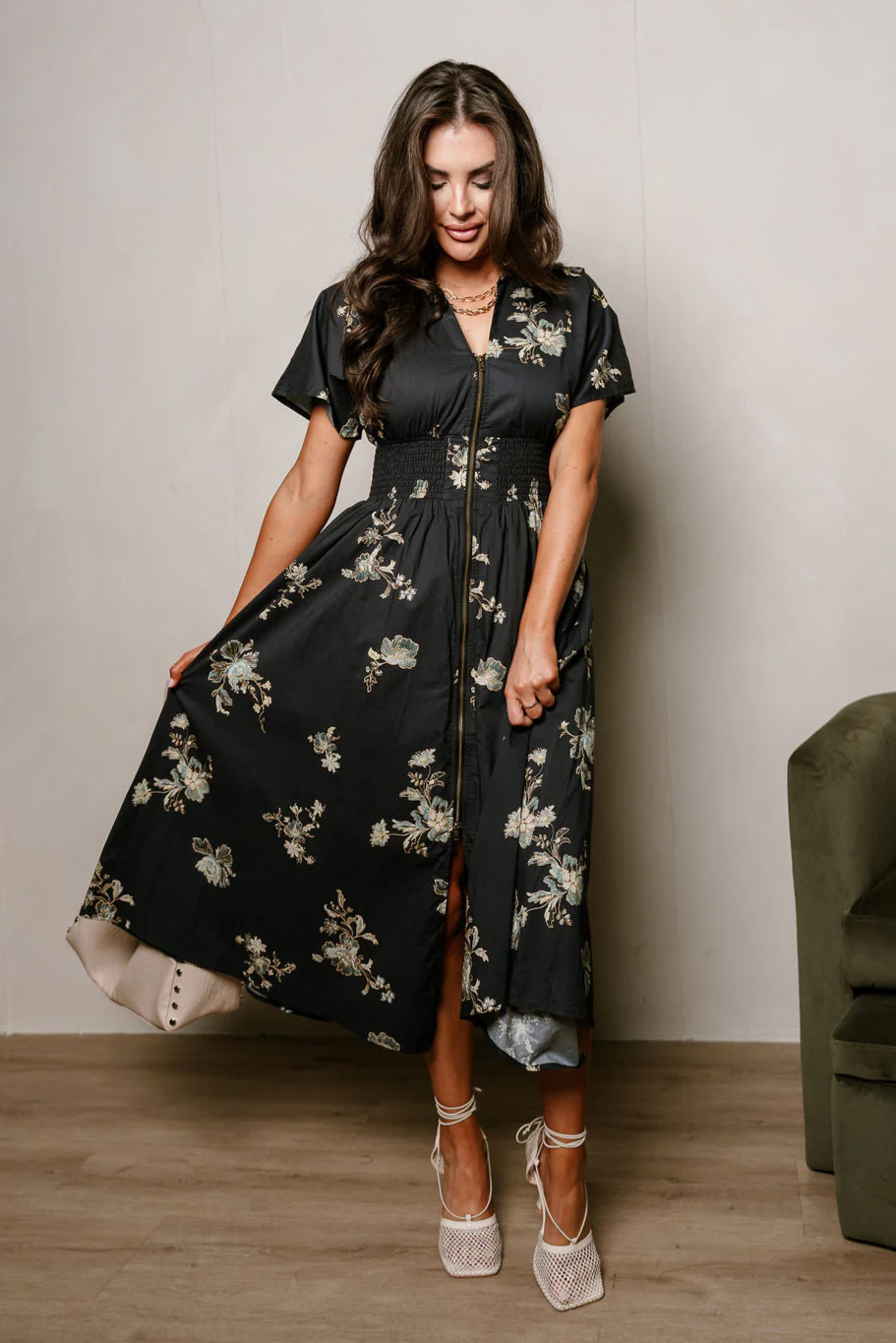 Charleigh Black Multi Floral Zip-Up Midi Dress