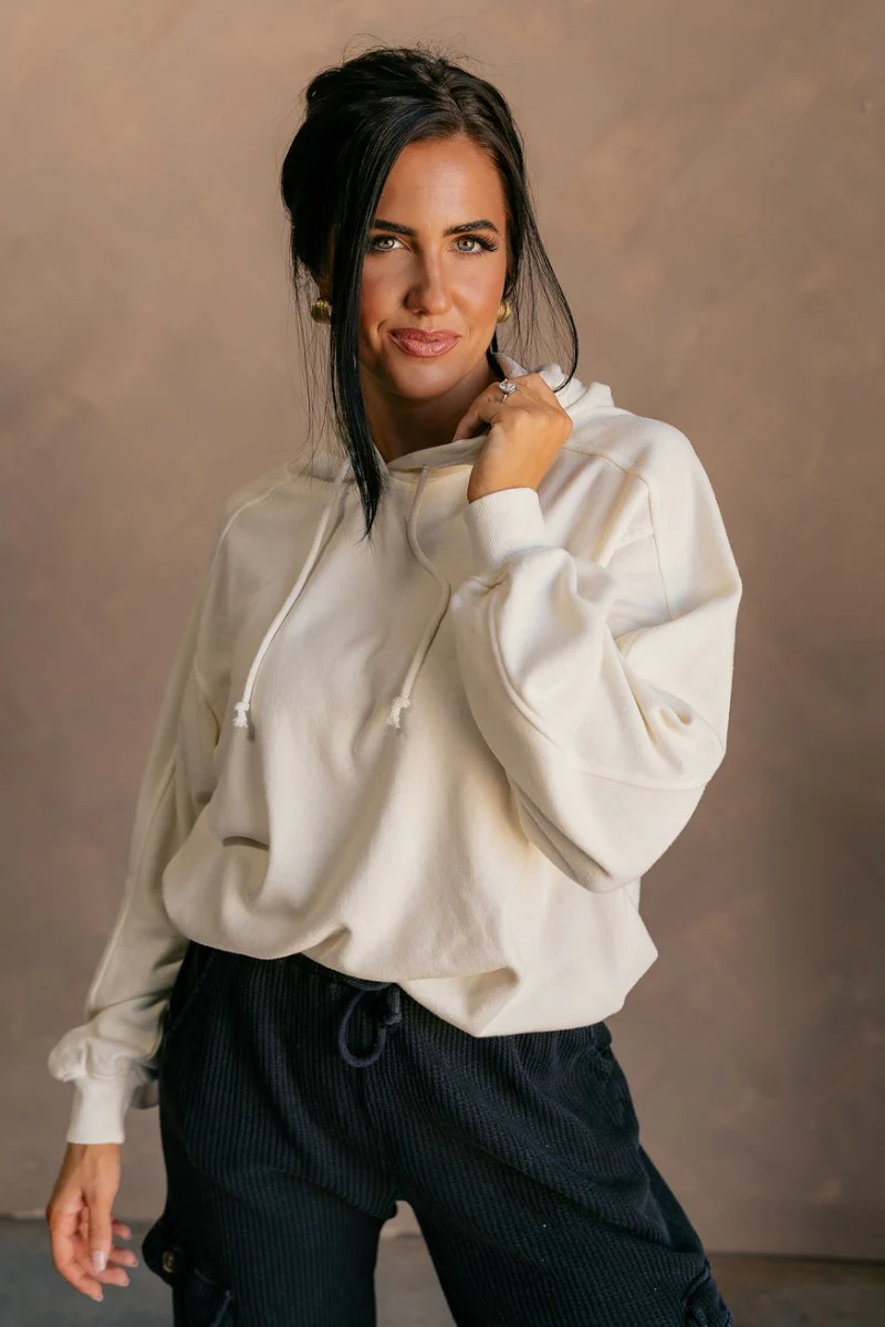 Charlie Cream Drawstring Hoodie Sweatshirt - Image 4