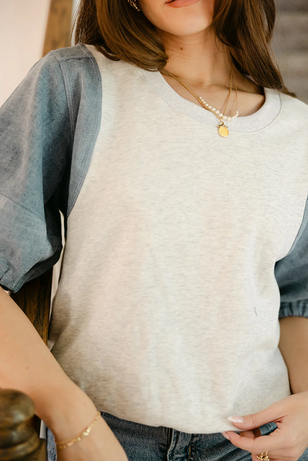 Charlotte Grey & Denim Short Sleeve Top - Image 3