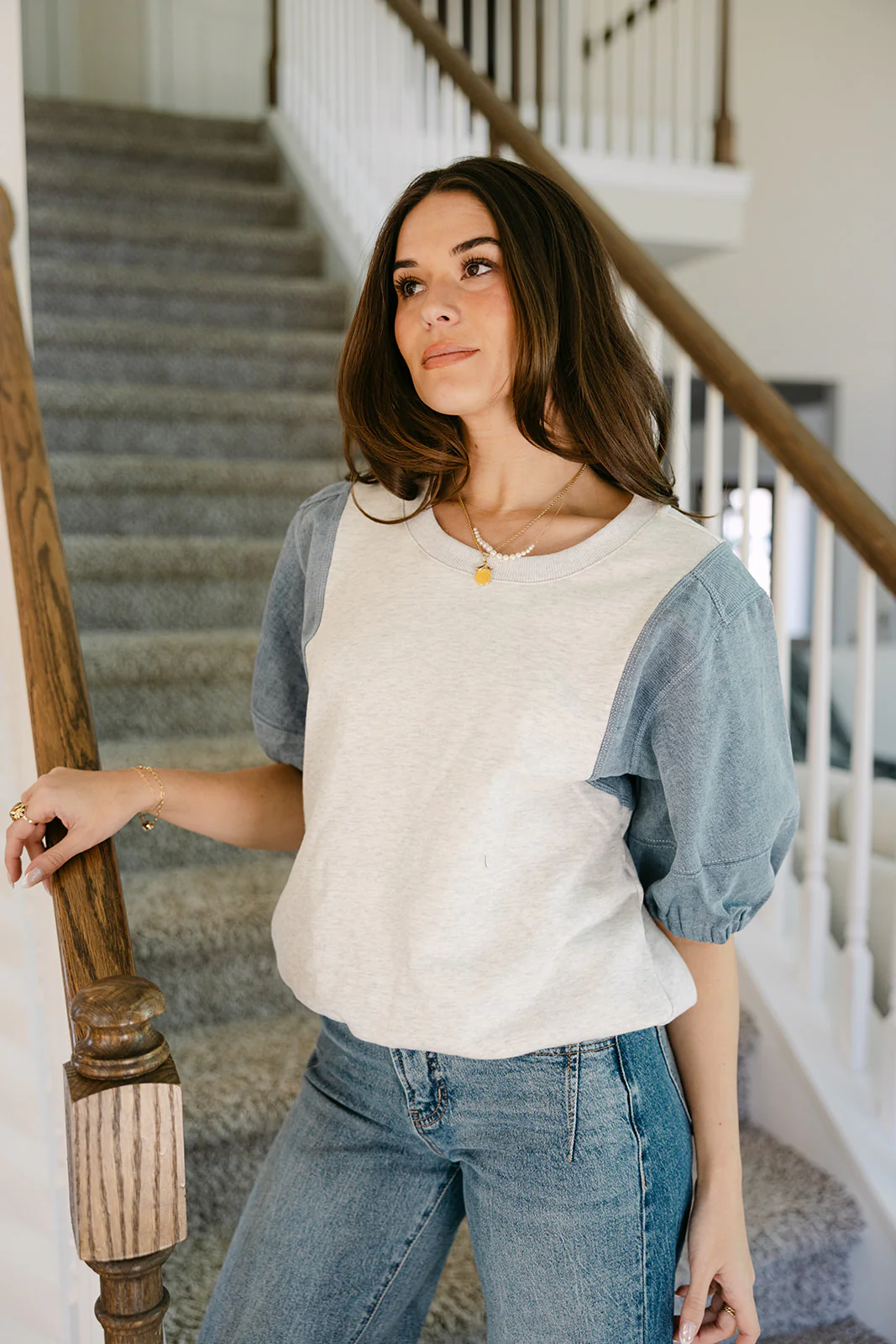 Charlotte Grey & Denim Short Sleeve Top - Image 8