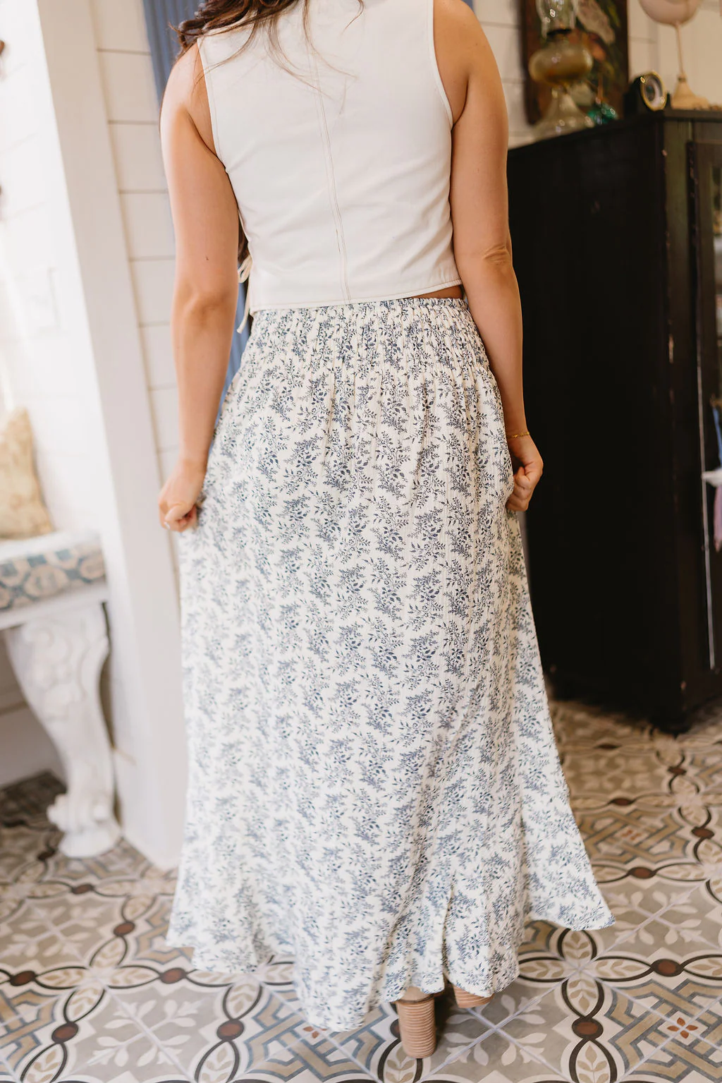 Chloe Cream & Navy Floral Slit Midi Skirt - Image 3