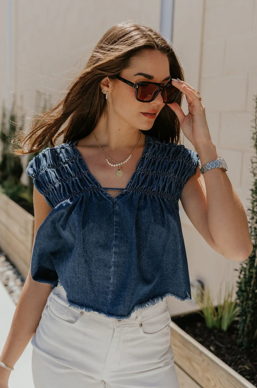 Chloe Medium Denim Fray Sleeveless Top