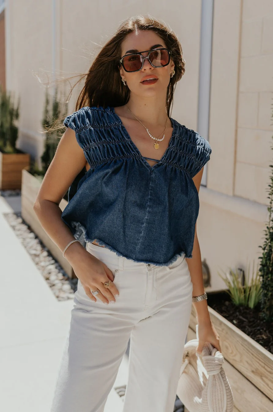 Chloe Medium Denim Fray Sleeveless Top - Image 2