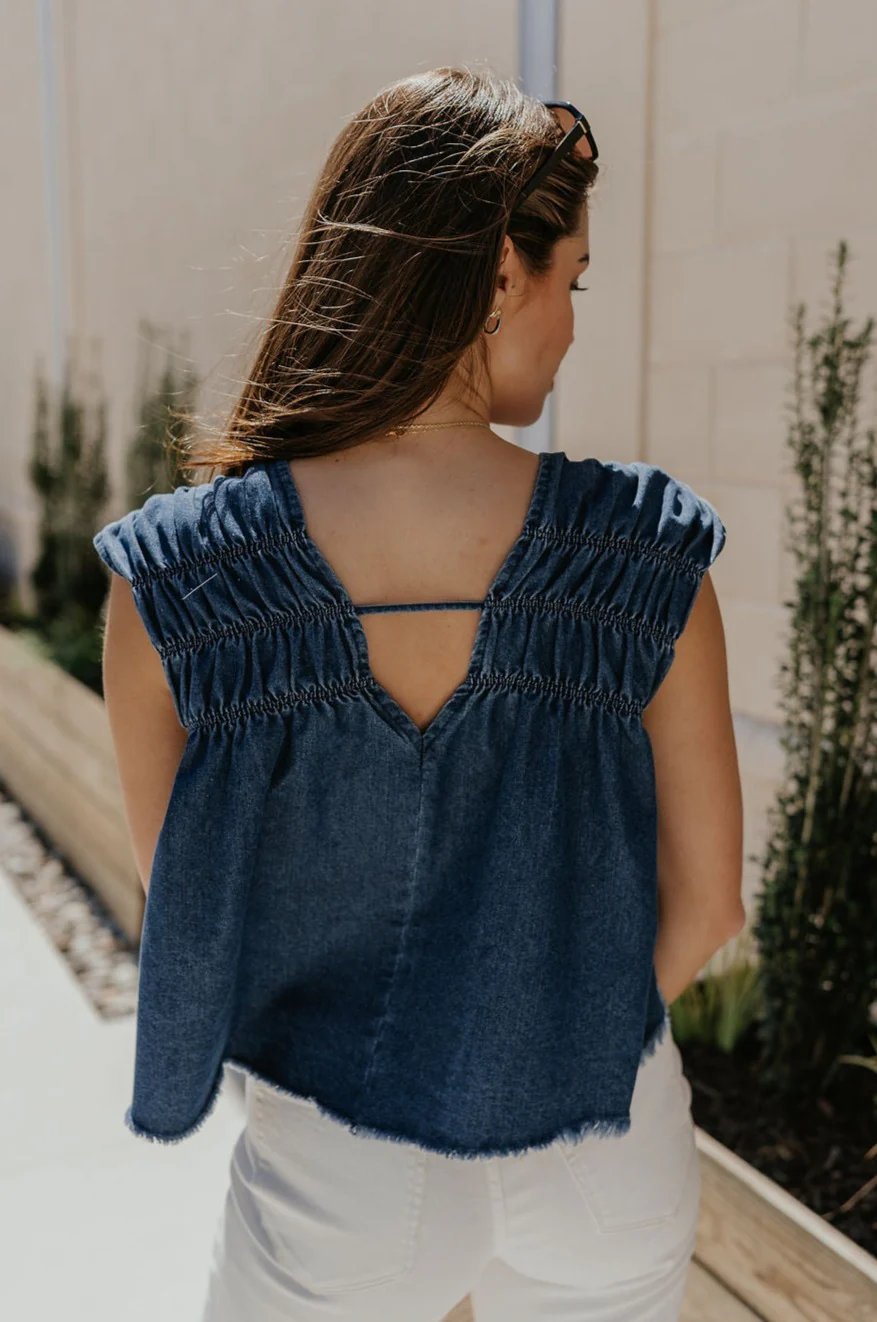 Chloe Medium Denim Fray Sleeveless Top - Image 4