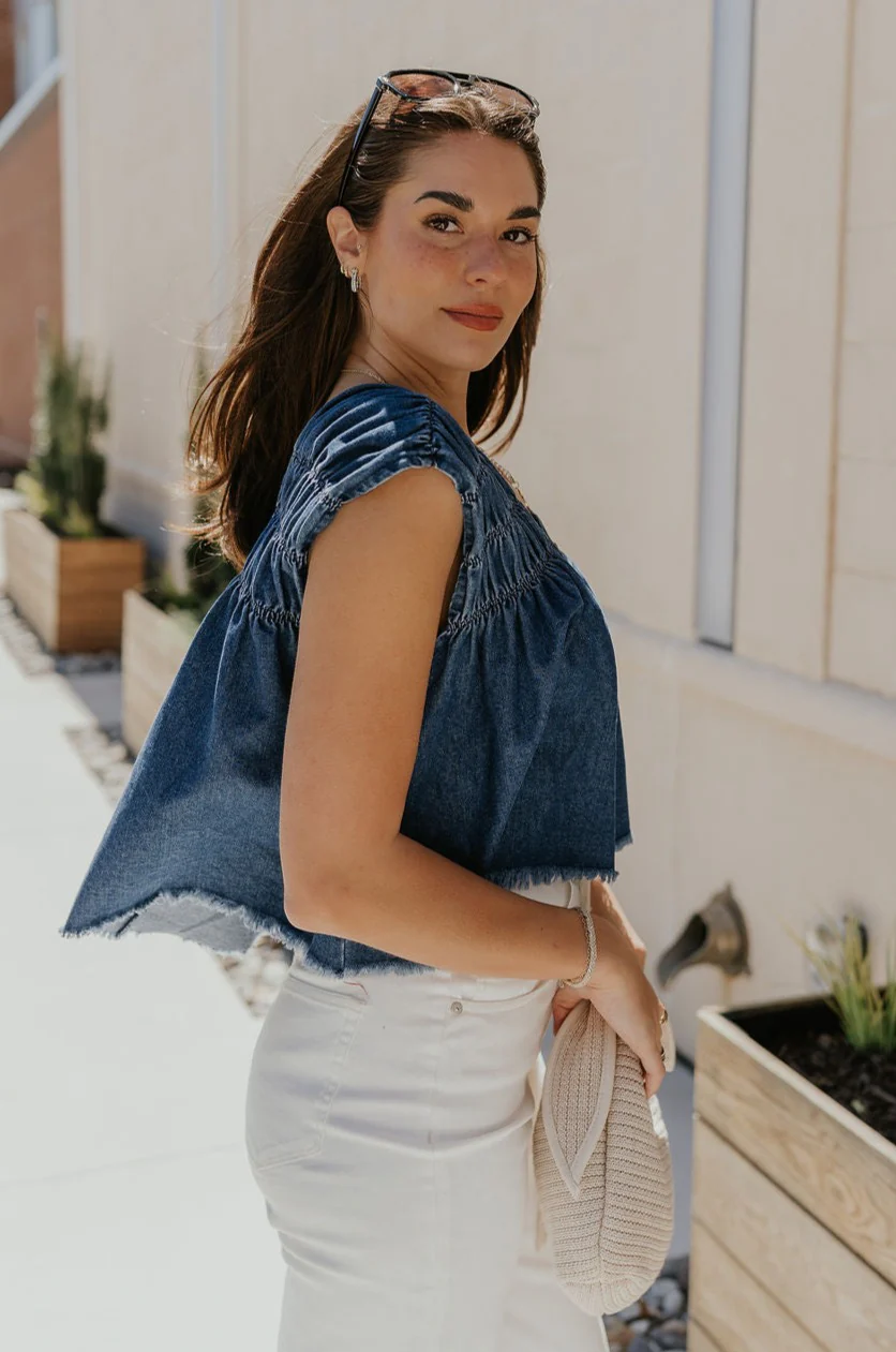 Chloe Medium Denim Fray Sleeveless Top - Image 7