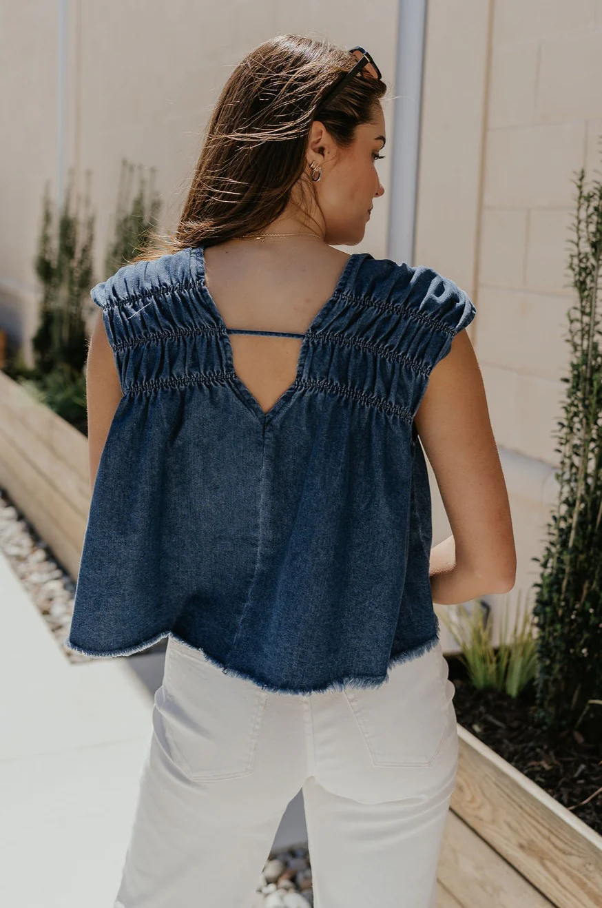 Chloe Medium Denim Fray Sleeveless Top - Image 8