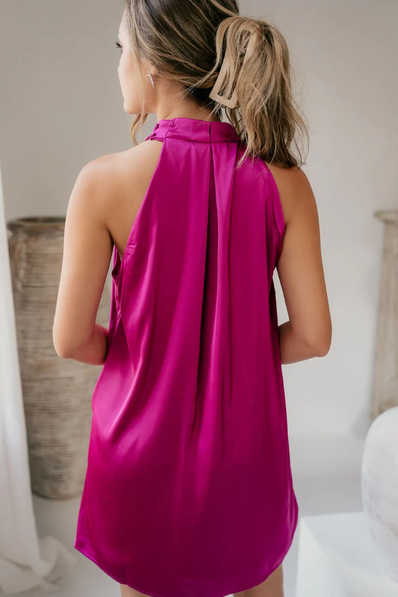 Christina Fuchsia Satin High Neckline Mini Dress - Image 8