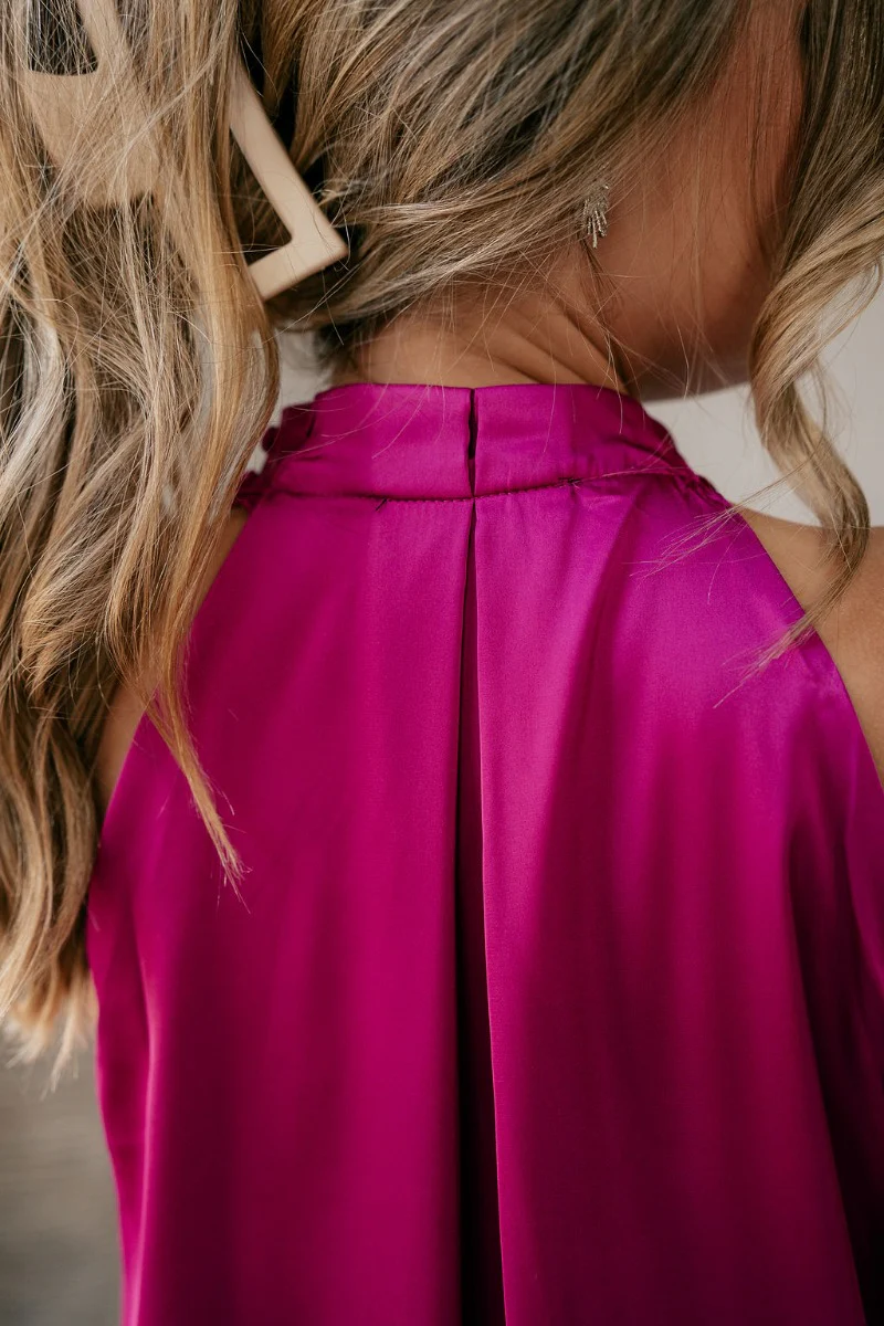Christina Fuchsia Satin High Neckline Mini Dress - Image 9