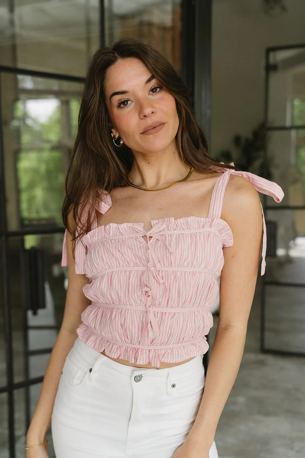 Christina Pink & White Stripe Cropped Tie Tank