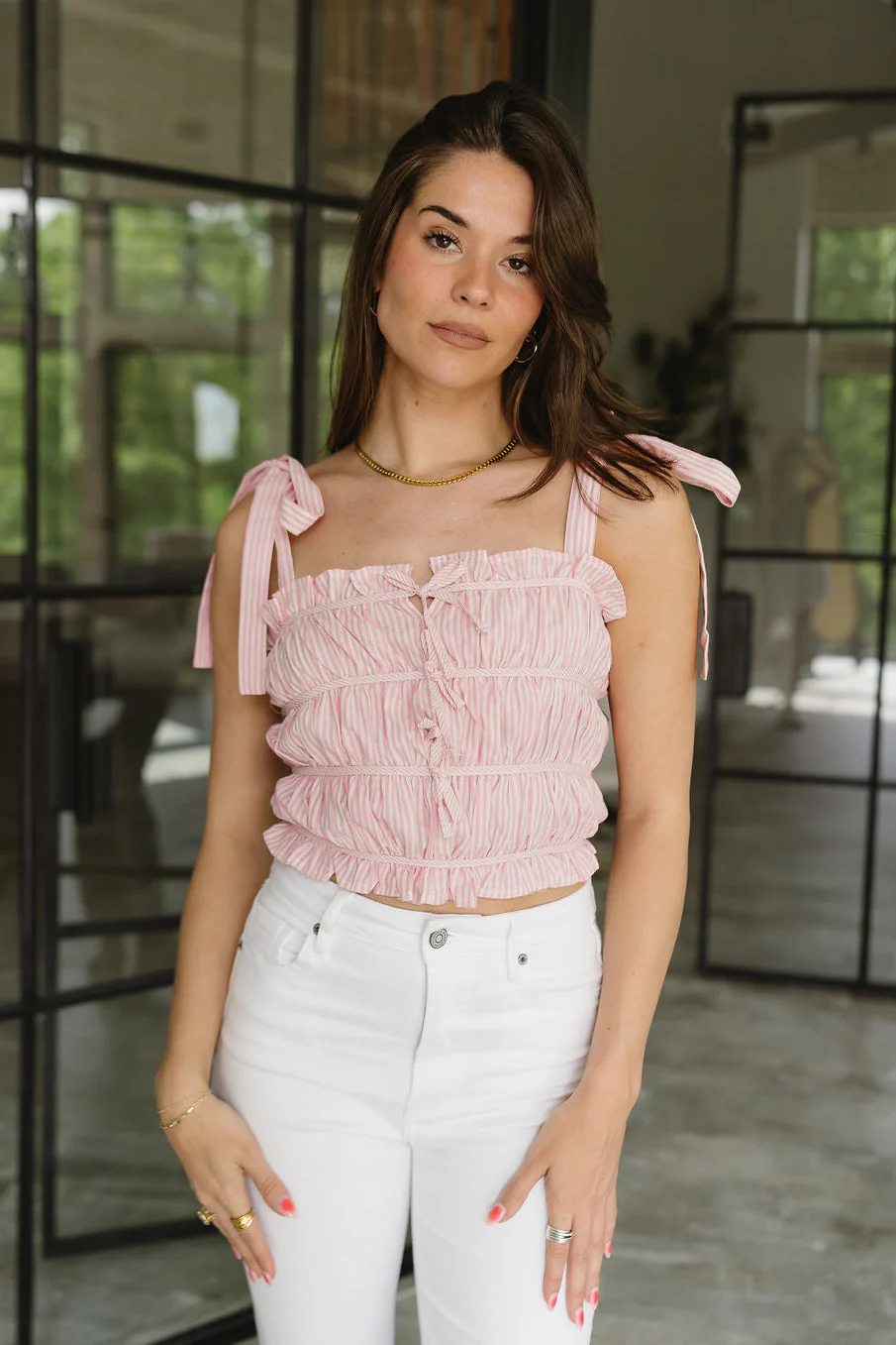 Christina Pink & White Stripe Cropped Tie Tank - Image 5