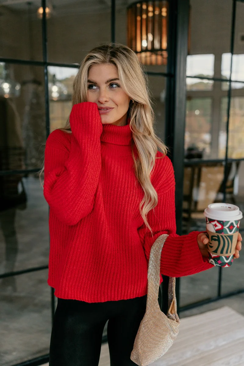 Claire Red Ribbed Turtleneck Sweater