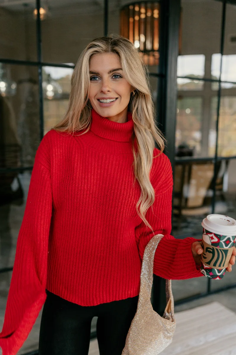 Claire Red Ribbed Turtleneck Sweater - Image 2