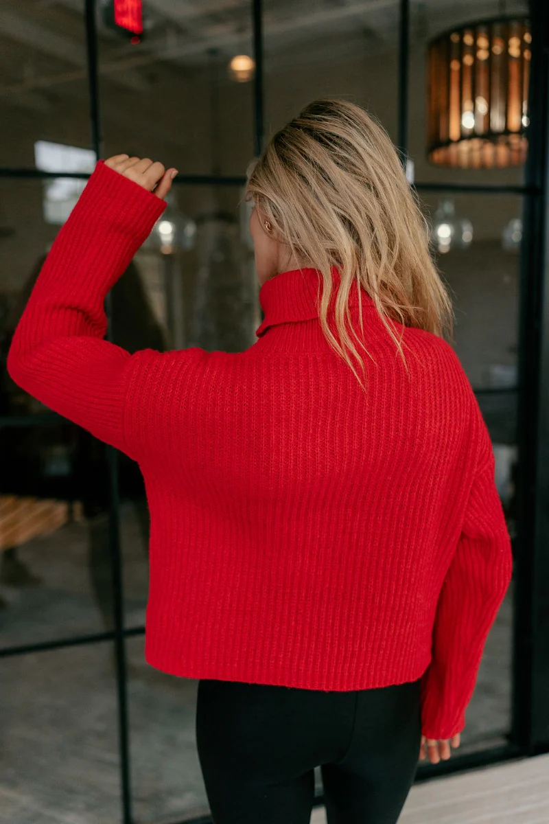 Claire Red Ribbed Turtleneck Sweater - Image 3
