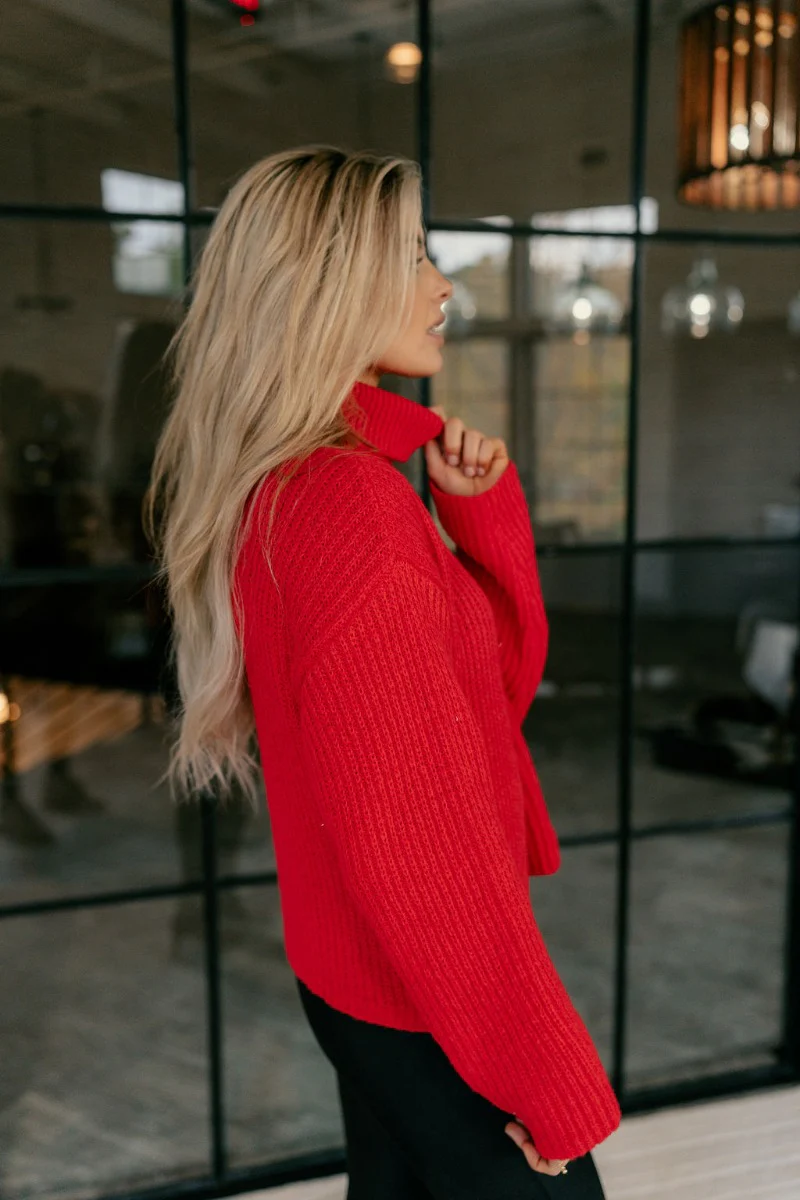 Claire Red Ribbed Turtleneck Sweater - Image 4