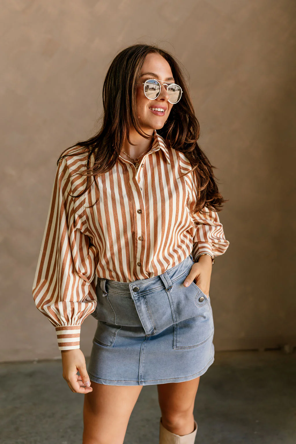 Clara Camel & Cream Stripe Button-Up Top