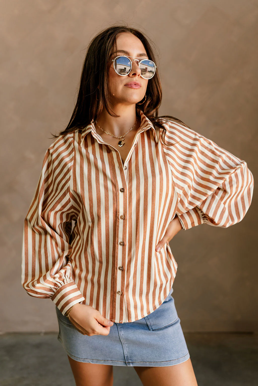 Clara Camel & Cream Stripe Button-Up Top - Image 2